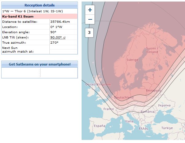 Karta som visar Thor-6:s Ku-band K1-strålningstäckning över Europa, med mottagningsdetaljer.