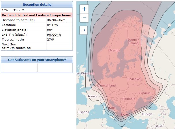 Karta över Thor-7 satellitens Ku-band Centrala och Östra Europa täckning med mottagningsdetaljer.