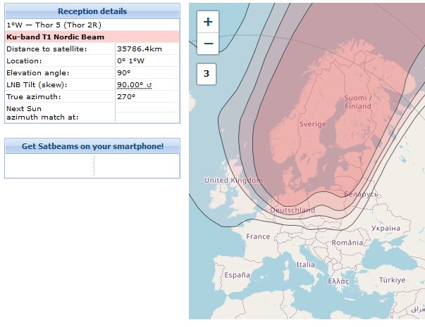 Karta som visar täckningsområdet för satelliten Thor-5 med fokus på norra Europa, inklusive uppgifter om elevation och azimuth.