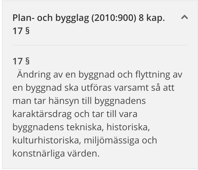 Text från Plan- och bygglagen om varsamhetskrav vid ändring eller flyttning av byggnader.