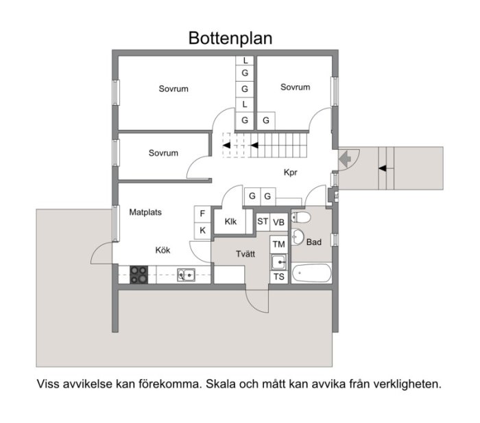 Ritning av bottenvåningen i ett hus med kök, sovrum och bad, text anger planerad ombyggnad.