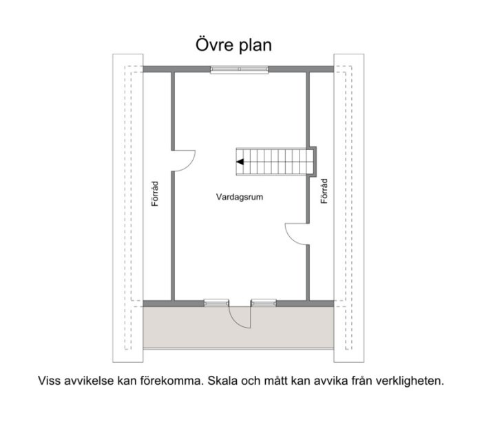 Planritning av ett övre plan i ett hus med ett markerat vardagsrum och trappor, texten "övre plan".