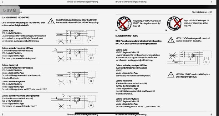 Illustrerad instruktionsmanual för elektrisk installation av Pax Calima fläktar med olika kopplingsscheman.