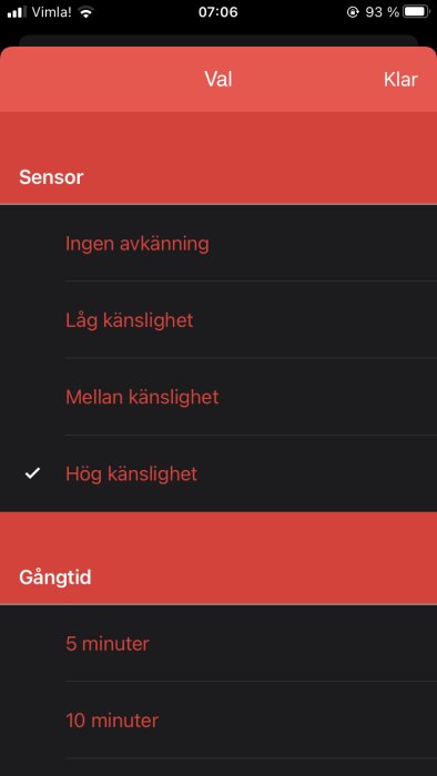 Inställningsskärm för sensor med valen "Ingen avkänning", "Låg känslighet", "Mellan känslighet", markert "Hög känslighet".