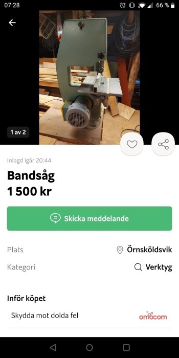 Stationär bandsåg i verkstadsmiljö till salu för 1500 kronor.