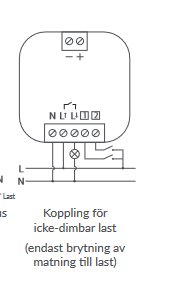 Schema för koppling av icke-dimbar last med Plejd-enhet och väggbrytare.