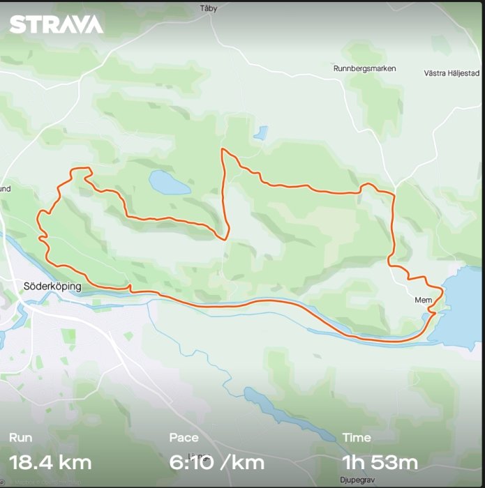 Karta över en löprunda på 18,4 km markerad med orange i ett grönt landskap, tidsangivelse på 1h 53m och tempo 6:10/km.