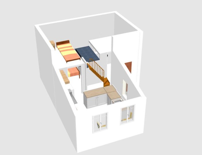 3D-skiss av kompakt Attefallshus med planlösning som inkluderar säng, kök och trappa.