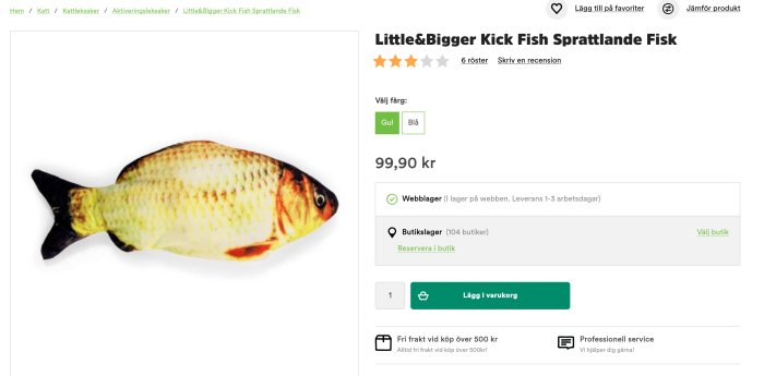 Interaktiv kattleksak i form av en gul sprattlande USB-fisk på en vit bakgrund.