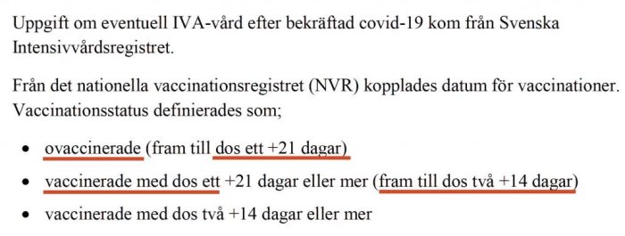 Dokumentbit som förklarar definitionen av vaccinationsstatus i ett register med tre punkter: ovaccinerade, vaccinerade med dos ett, dos två.