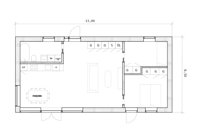 Ritning av en enplansvilla med måttangivelser, indelning av rum och plintgrund specificerad.