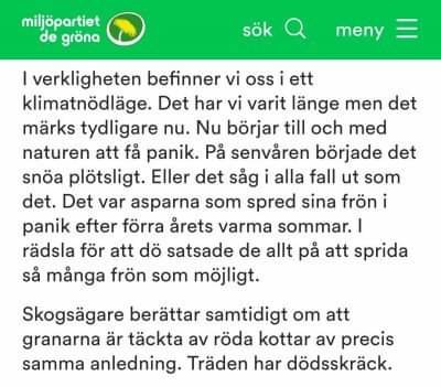 Skärmdump av en diskussionstråd på Miljöpartiet de Grönas hemsida om klimatförändringar och naturens reaktioner.