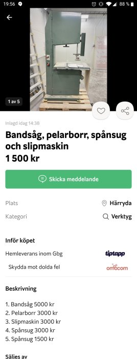 Stående bandsåg i verkstadsmiljö annonserad för försäljning till priset av 1500 kr.