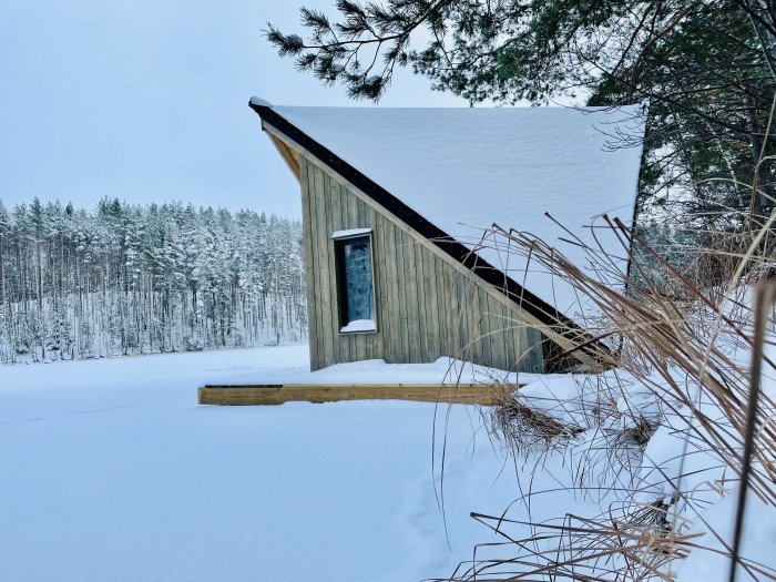 Hus i vinterskog utan skorsten, täckt av snö, nära en frusen sjö.