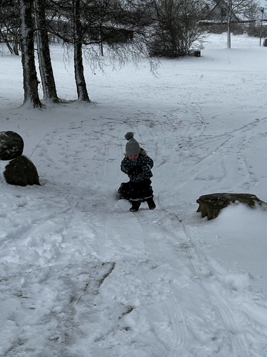 Barn i vinterkläder leker i snön på en bakgård omgiven av träd.