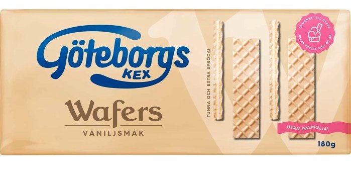 Förpackning av Göteborgs Kex vaniljrån, wafer med vaniljsmak, märkt "utan palmolja".