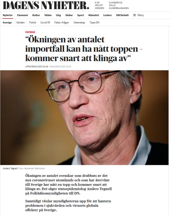 Artikel i tidning med rubrik om coronavirusfall och porträtt på Anders Tegnell.