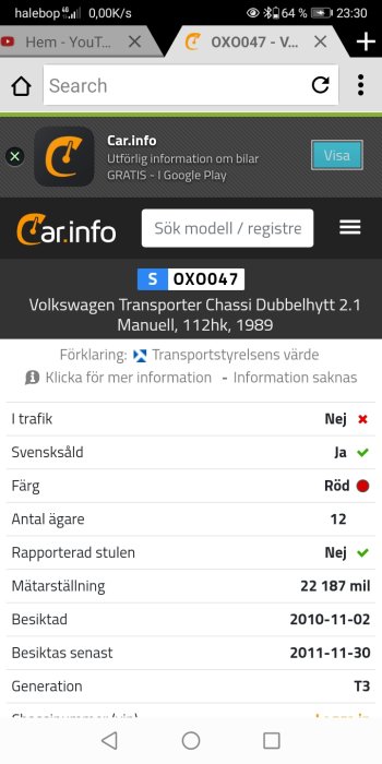 Skärmdump från car.info med information om en Volkswagen Transporter, inklusive registreringsnummer och historik.