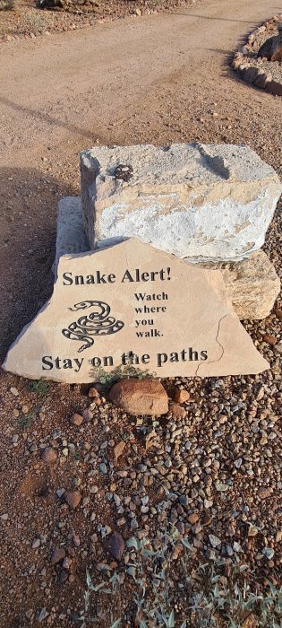 Varningsskylt på sten med texten "Snake Alert! Watch where you walk. Stay on the paths" och ormsymbol, placerad i ökenmiljö.