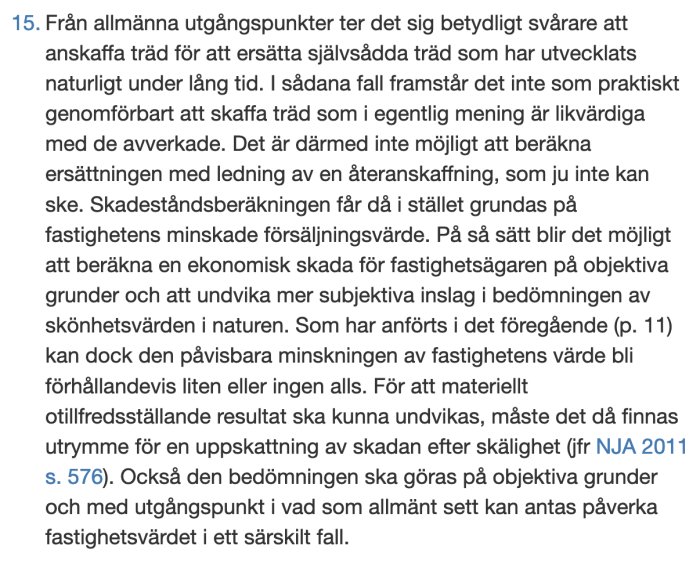 Skärmdump av ett foruminlägg som diskuterar principer för skadeståndsberäkning vid olaglig avverkning av träd enligt en dom från HD.