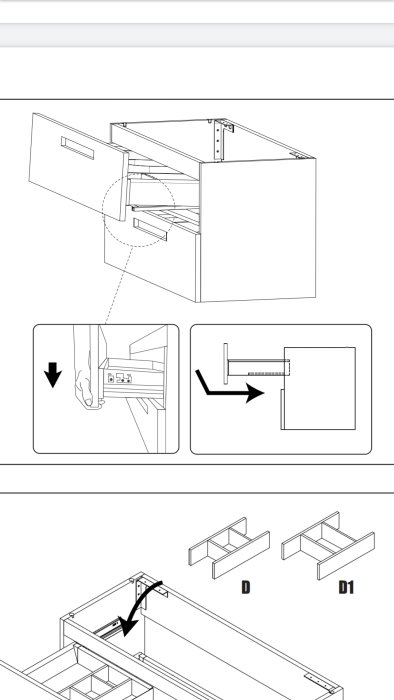 Illustrationsvisning av demontering av lådfront genom att lyfta uppåt och skruva loss från nedre delen.