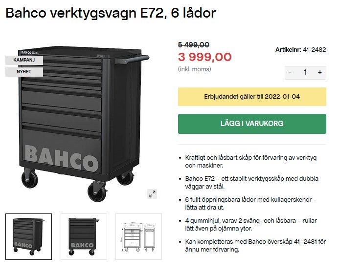 Svart Bahco verktygsvagn E72 med sex lådor på rea för 3999 kronor, robust och mobil förvaring med hjul.