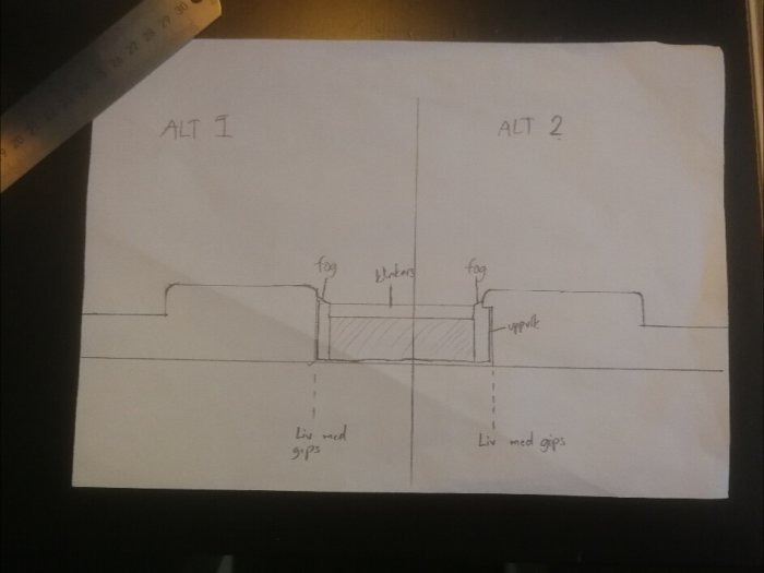 Handritad skiss som visar två alternativ för tröskelkonstruktion vid skjutdörr till badrum.