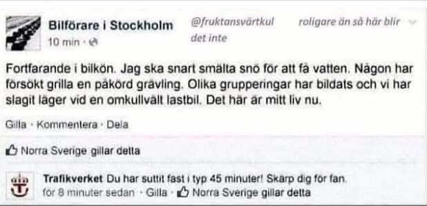 Skärmdump av diskussionstråd där bilförare i Stockholm delar sin frustration över att vara fast i bilkö.