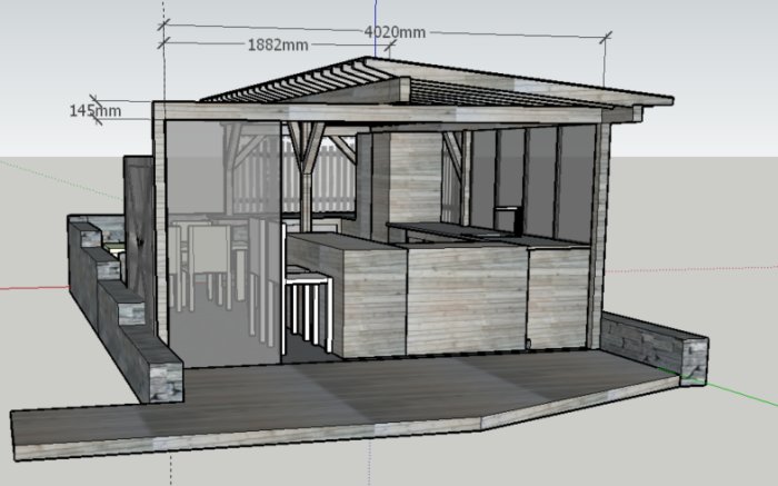 3D-ritning av ett planerat utekök med pergola och dimensioner på balkar och platta.