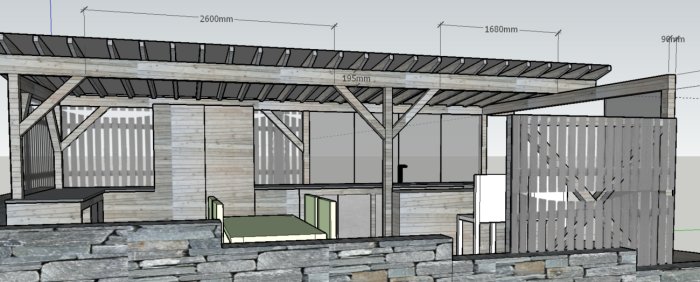 CAD-ritning av ett utekök med pergola, stenmur och måttangivelser.