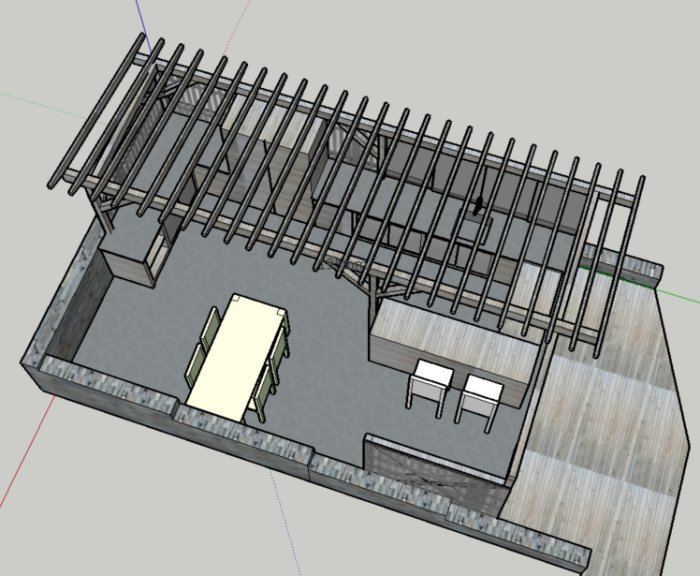 3D-ritning av en planerad pergola med utekök och matplats på en betongplatta.