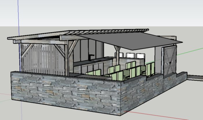 3D-ritning av planerat utekök och pergola med stödmur, skjutpartier och duktak.