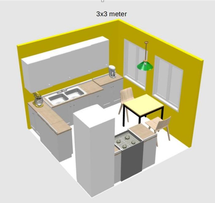 3D-modell av ett litet kök med måtten 3x3 meter, ingen överskåp, fönster ovanför diskho och en matplats.