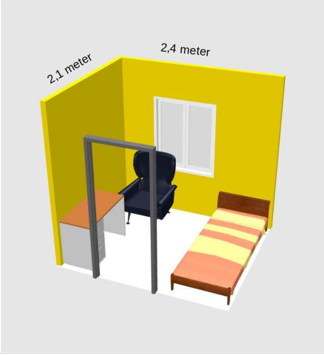 3D-modell av ett mycket litet rum med säng, skrivbord, stol och fönster utan överskåp.