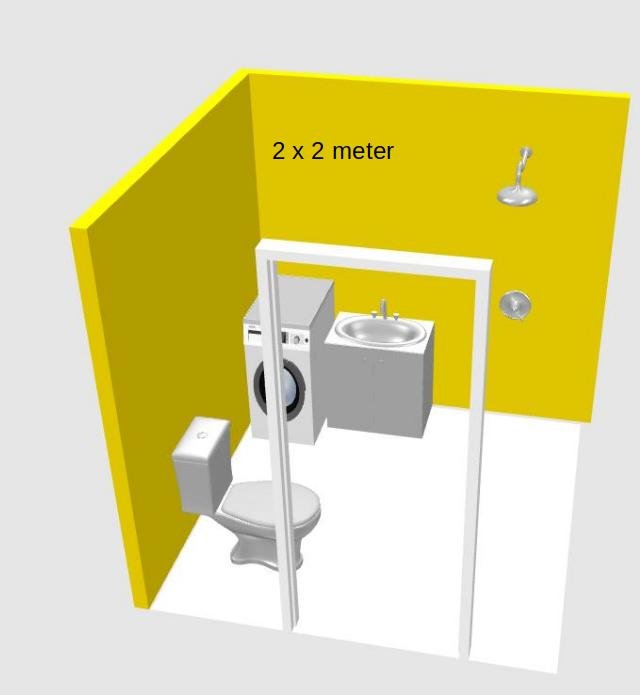 3D-ritning av litet badrum, 2x2 meter, med dusch, toalett och tvättmaskin.