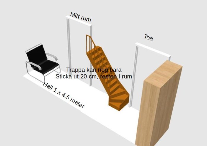 3D-skiss av en liten hall med trappa, möbel och dörr till toalett, märkt med utrymmesmått.