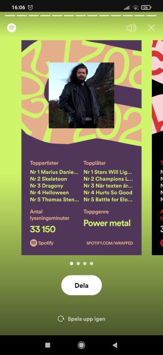 Skärmdump av Spotify Wrapped med topplistor, en person i bakgrunden, och musikgenre "Power metal".