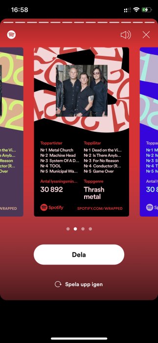 Skärmdump av Spotify Wrapped med topplista över artister och genren thrash metal.