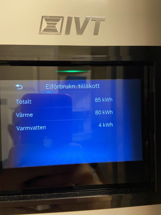 Display på en IVT-enhet som visar elförbrukning på 85 kWh totalt, med 80 kWh för värme och 4 kWh för varmvatten.