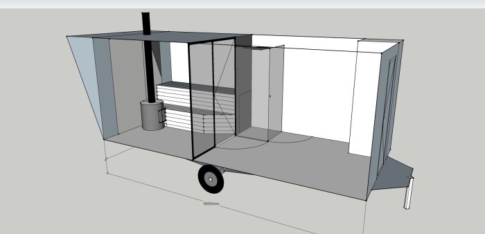 3D-modell av en mobil bastudesign med måttangivelser, vedeldad kamin, och vagnhjul.