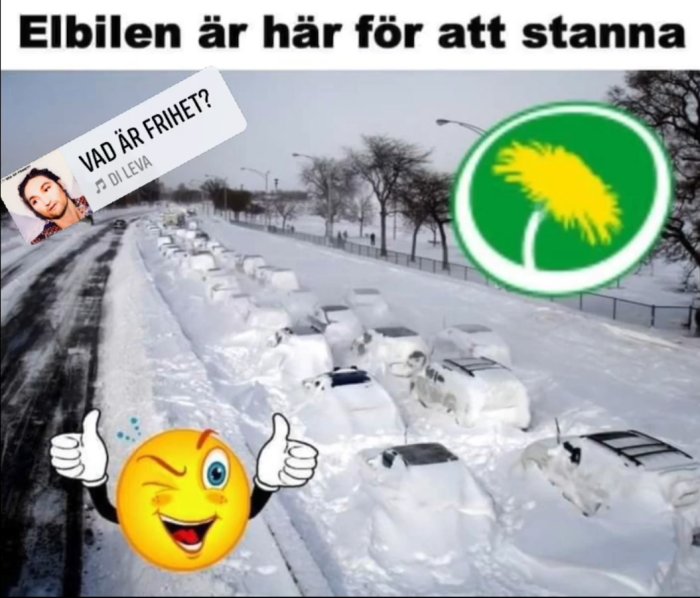 Illustration av snötäckta bilar på väg med texten "Elbilen är här för att stanna" och emojis.