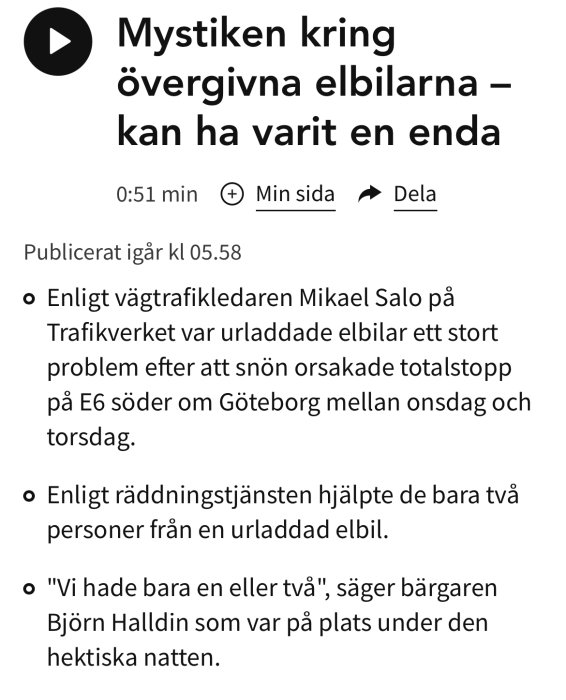 Skärmdump av en artikel med rubriken "Mystiken kring övergivna elbilar" och text om trafiksituationen.
