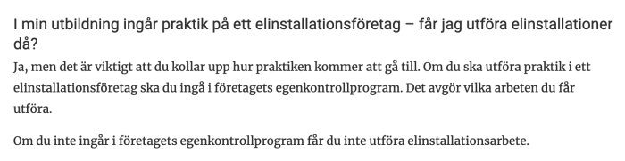 Textdokument om att praktikanter i elinstallationsföretag kan utföra arbete om de ingår i företagets egenkontrollprogram.