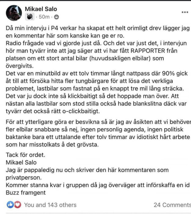 Skärmdump av ett Facebook-inlägg skrivet av Mikael Salo med text om en radiointervju och diskussionen den genererat.