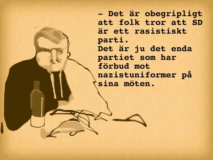 Illustration av karaktär med citat om missuppfattningar av ett politiskt parti.