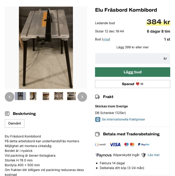 Elu kombinerat fräsbord på metallställning från förra seklet, oanvänt och klart att användas i byggprojekt.