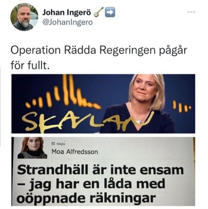 Skärmdump av sociala medier med text "Operation Rädda Regeringen pågår för fullt", kvinna i förgrunden och grafisk representation av ljudvågor, samt artikelrubrik.