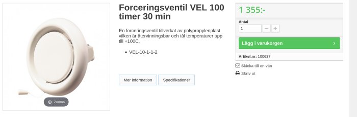 Forceringsventil VEL 100 vit i polypropylenplast med 30 minuters timer.