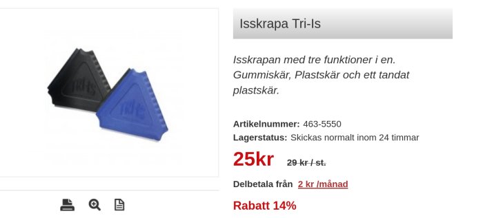 Svart och blå isskrapa Tri-Is med tre funktioner och prisinformation.