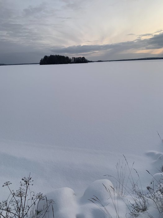 En vinterö täckt med snö i en sjö med skymningen i bakgrunden, sett från stranden.